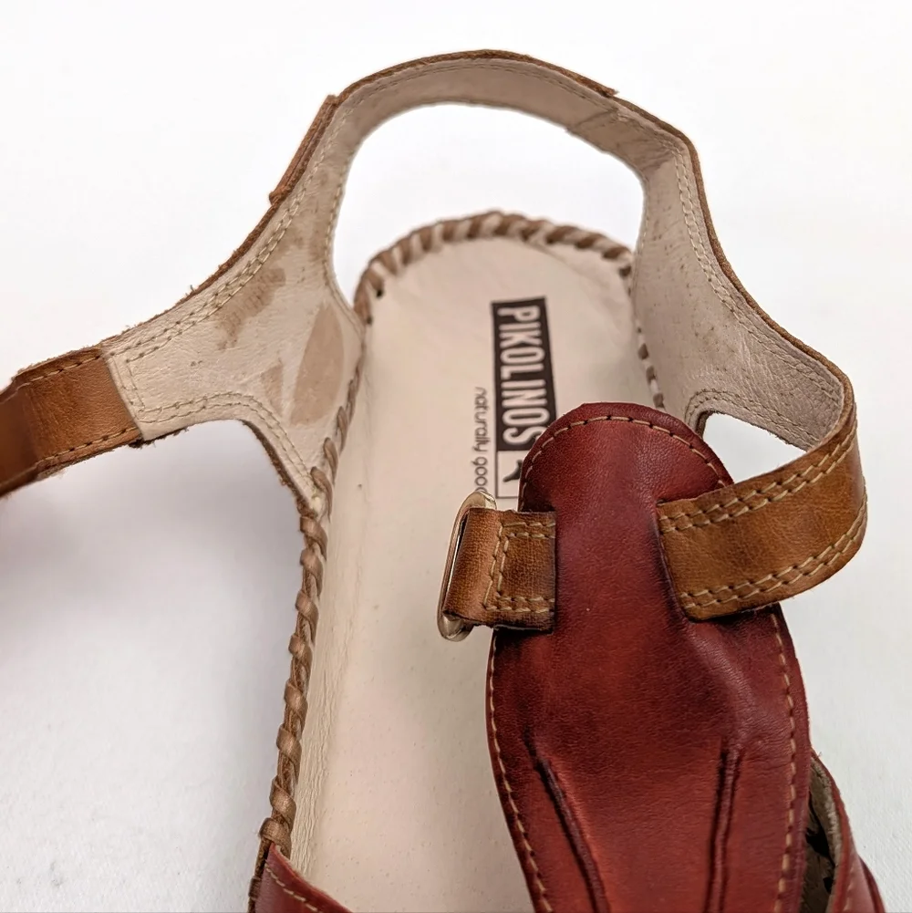 Pikolinos Puerto Vallarta Sandals Leather Slingback Closed Toe Red Tan EU 37